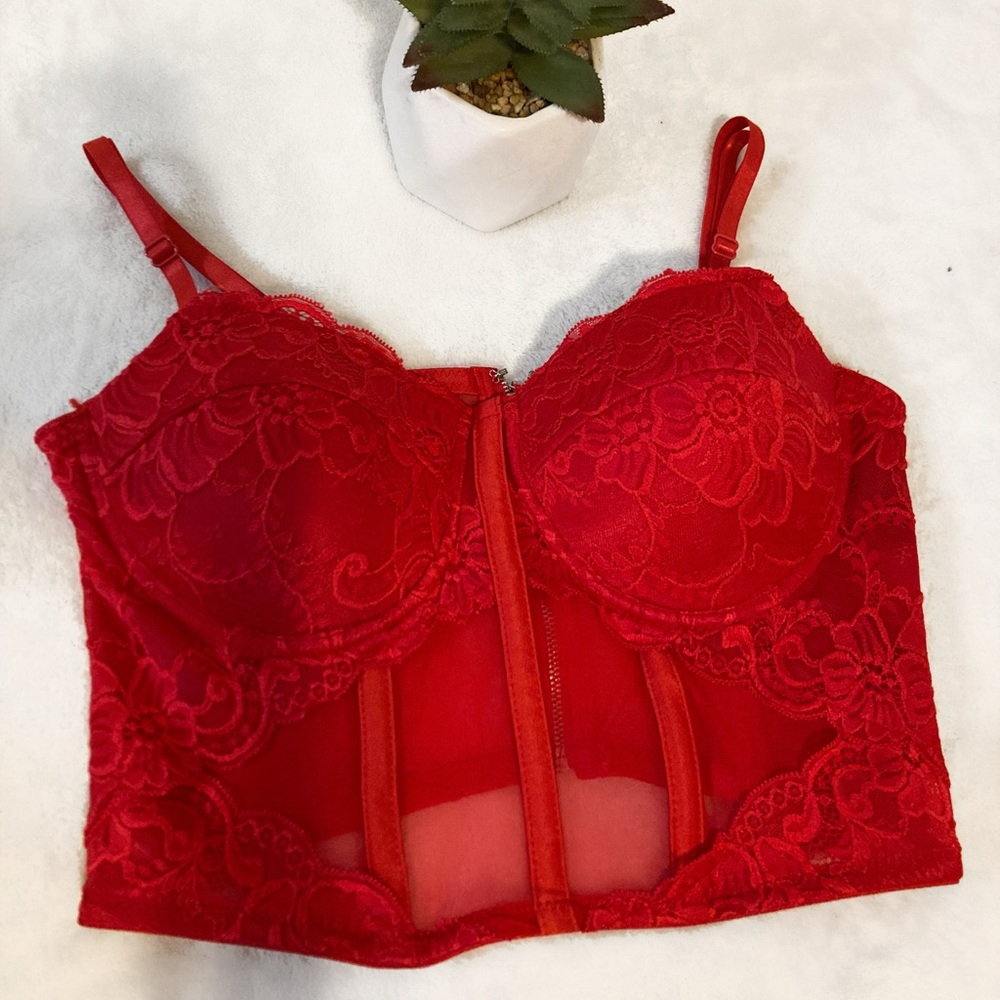 Red lace corset top , Size  medium